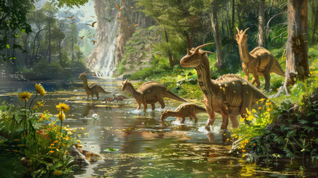 Artistic rendition of dinosaurs wading through a forest waterhole with a waterfall, surrounded by vibrant flora and fauna.の素材