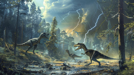 Dramatic scene of Velociraptors and a Pterosaur caught in a lightning storm within an atmospheric Jurassic forest setting.の素材