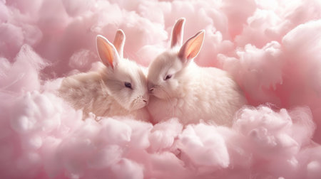 Two fluffy white bunnies snuggle close together amidst soft pink clouds, creating an image of innocence and affection.の素材