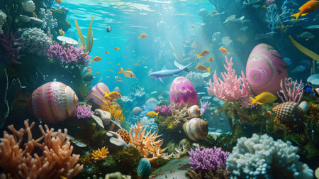 A captivating underwater seascape featuring colorful Easter eggs among coral reefs, teeming with vibrant marine life.の素材