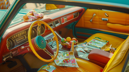 The interior of a vintage car is bright with sunlight, showcasing a colorful design, a yellow steering wheel, and a basket of fruit.の素材