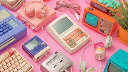 A collection of nostalgic retro electronics, including colorful vintage gadgets and tech accessories, arranged on a vibrant pink background.の素材