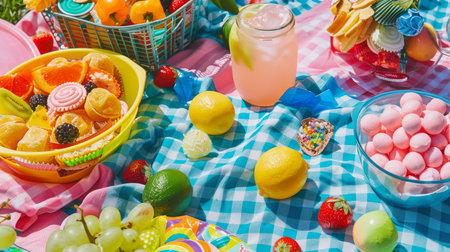 A cheerful picnic blanket laid out with bowls of sweets, fresh citrus fruits, and a refreshing jar of lemonade in the sunshine.の素材