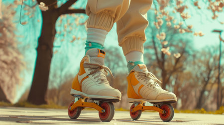 Close-up of retro roller skates on feet with blooming spring trees in the background, conveying nostalgia and active lifestyle.の素材