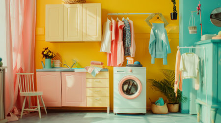 A delightful laundry room painted in sunny yellows and pastel pinks, with clothes hanging and a feeling of fresh vibrancy.の素材