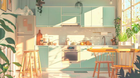 Morning light floods a cozy, modern kitchen, highlighting the lush indoor plants and trendy pastel cabinetry.の素材