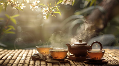 A traditional tea set, with a clay teapot and cups, steams gently amongst flowering branches in a serene setting, evoking tranquility and mindfulness.の素材