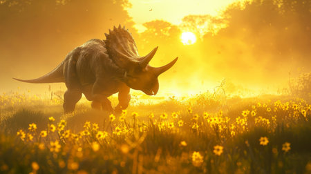 A majestic Triceratops stands in a blooming meadow, bathed in the warm glow of a golden sunset, creating a serene prehistoric scene.の素材