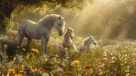 A mystical scene with unicorns gathered in a sunlit, flower-filled forest clearing, exuding a sense of magic and serenity.の素材