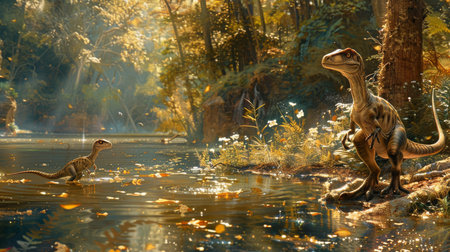 Two raptors are seen wading through a forest pond bathed in the golden light of a setting sun, surrounded by rich vegetation.の素材