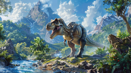 A mighty Tyrannosaurus Rex stands tall against a dramatic backdrop of waterfalls, mountains, and a river in a lush, ancient world.の素材