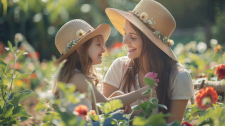 A heartwarming scene of a mother and young daughter, both wearing straw hats, sharing a tender moment in a blooming garden.の素材