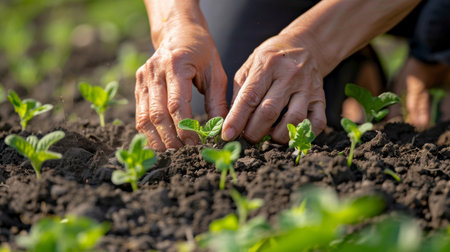 Close-up of gardener's hands nurturing young green plants in fertile earth, depicting growth and agriculture.の素材