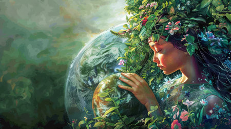 In an ethereal piece of art, a nature goddess adorned with a crown of flowers gently cradles the Earth, symbolizing nurture and protection.の素材