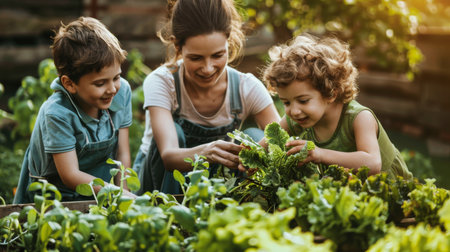 Mother and children engaged in gardening, learning and laughing amongst fresh vegetable plants in the sunshine.の素材