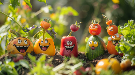 Creative and fun display of various vegetables with cartoonish faces set in a vibrant garden, perfect for educational purposes.の素材