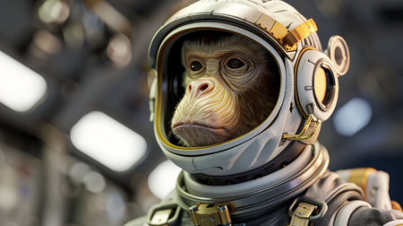 A contemplative monkey astronaut is captured in a portrait within the confines of a high-tech spacecraft, pondering the void of space.の素材