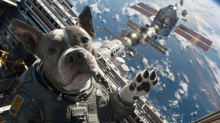 An American Staffordshire Terrier astronaut experiences zero gravity during a spacewalk outside the International Space Station.の素材