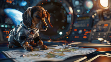 A curious dachshund in astronaut attire intently studies a map aboard a detailed spacecraft with Earth visible through the window.の素材