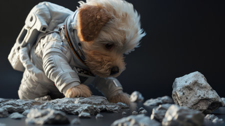 An attentive Labradoodle in a space suit closely inspects the rocky terrain of a simulated lunar surface.の素材