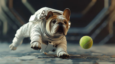 An animated French bulldog in astronaut attire enthusiastically chases a floating tennis ball inside a spacecraft.の素材