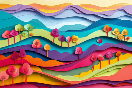 A vibrant, multi-layered paper cutout art piece, depicting a stylized landscape with colorful trees and rolling hills.の素材