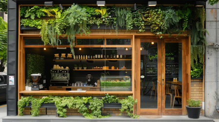 An urban cafe exudes warmth with its lush hanging greenery, wooden accents, and ambient interior lighting inviting passersby.の素材
