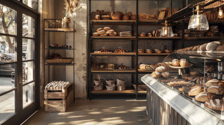 Warm and inviting rustic bakery interior, showcasing an array of freshly baked artisan breads on wooden shelves under soft lighting.の素材
