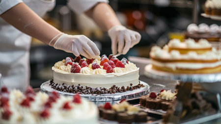 A skilled confectioner in a white apron is delicately placing ripe berries on a creamy cake, perfecting the dessert presentation.の素材