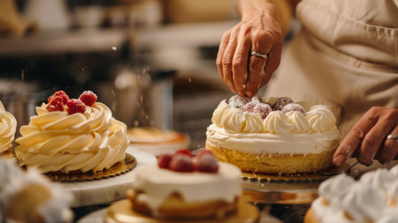 Chef's hands carefully adding the final touches to a decadent cream tart topped with fresh berries in a cozy bakery atmosphere.の素材