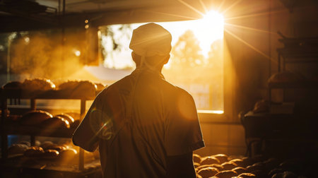 Silhouetted against the morning light, a baker stands in contemplation, surrounded by the day's fresh bakes, as the first rays of sunrise filter into the bakery.の素材