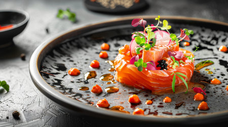 A luxurious presentation of salmon sashimi, carefully plated with edible flowers and garnishes on a ceramic dish, exemplifying culinary elegance.の素材