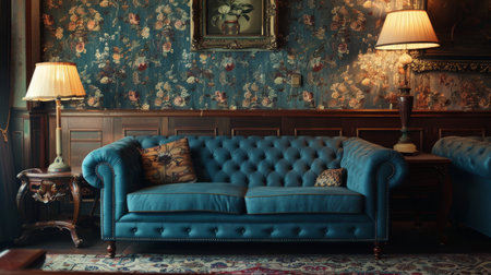 Traditional living room featuring a tufted blue Chesterfield sofa, floral wallpaper, and elegant table lamps.の素材