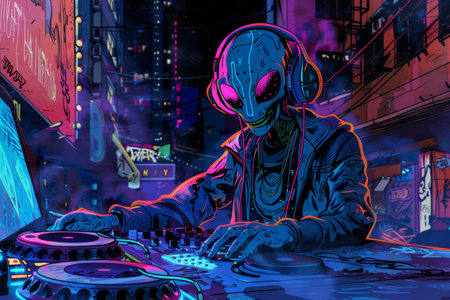 An extraterrestrial DJ is depicted spinning vibrant tracks against the electrified backdrop of a neon-lit urban nightscape.の素材