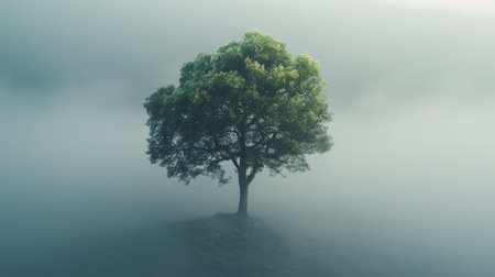 A solitary tree stands resilient amidst a serene and misty landscape, symbolizing hope and endurance in nature's stillness.の素材