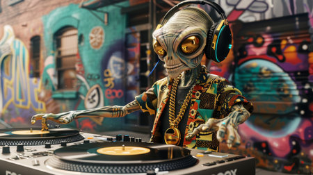 A 3D-rendered alien DJ wearing headphones mixes music on turntables, set against a vibrant urban graffiti backdrop.の素材