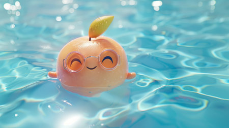 A charming animated peach wearing round glasses and smiling gently while floating in a sparkling pool.の素材