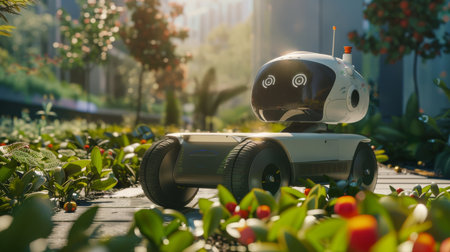 An autonomous service robot makes its way through a lush garden, equipped with sensors and AI for efficient outdoor maintenance.の素材