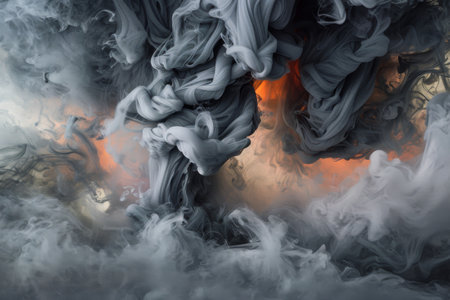 Intricate dance of grey smoke swirls with warm orange glows, creating an ethereal and dynamic abstract image.の素材