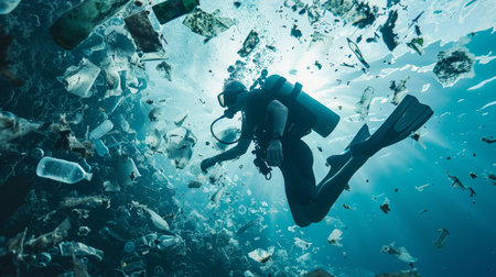 A diver explores the depths of the ocean, surrounded by an overwhelming amount of plastic waste, a somber reminder of human impact.の素材