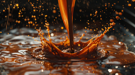A mesmerizing splash from molten chocolate pour, showcasing the fluid beauty and texture of chocolate in motion.の素材