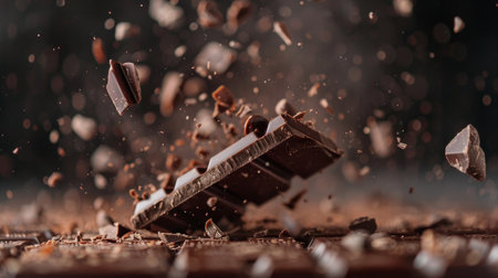 Captivating image of dark chocolate pieces suspended in the air, with a dynamic sense of motion and indulgence.の素材