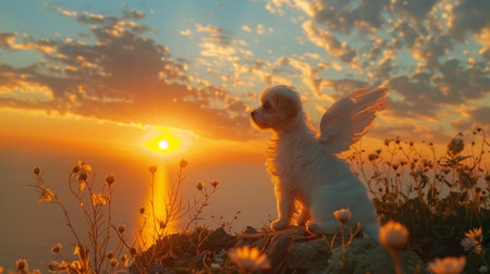 An ethereal winged puppy sits serenely on a hillside, looking towards a glorious sunrise surrounded by wildflowers.の素材