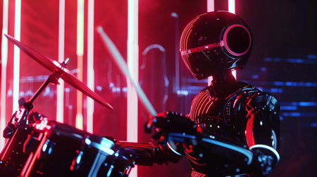 A high-tech robot drummer is immersed in playing at a dynamic concert with intense red neon lights and digital graphics.の素材