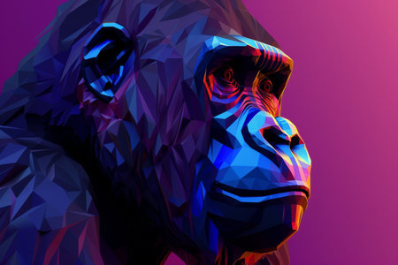 This digital art piece features a powerful gorilla in low-poly style, highlighted with neon colors against a striking magenta background.の素材