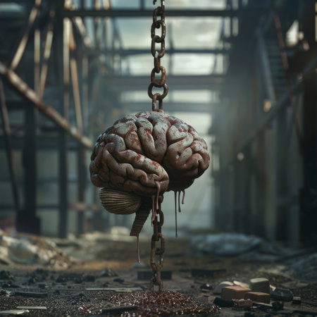 A striking visual metaphor of a human brain suspended by chains in an industrial environment, evoking concepts of mental labor and psychological constraints.の素材