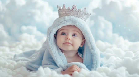 A wide-eyed baby wrapped in a cozy blue blanket, wearing a glittering crown, surrounded by soft white clouds, in a dreamy setting.の素材