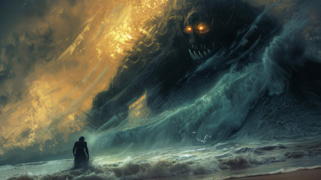 A person stands facing an immense tidal wave with a monstrous face emerging, under a dramatic stormy sky.の素材