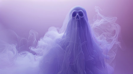 Digital artwork of a spectral ghost figure shrouded in a mystical purple smoke, conveying a spooky atmosphere.の素材
