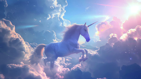 A fantastical scene of a white unicorn running amidst ethereal clouds under a radiant sky.の素材